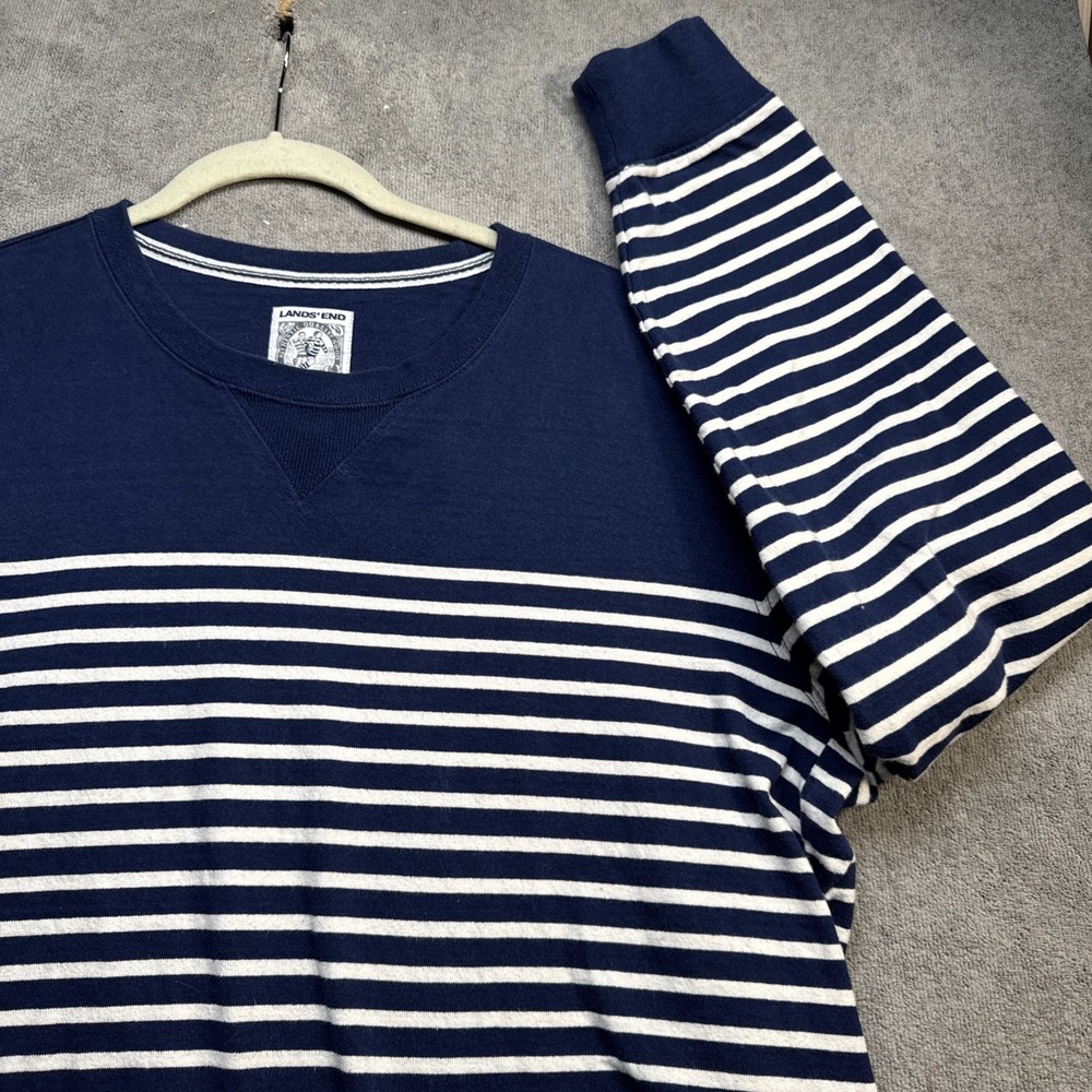 Lands' End Rugby Sweater Blue White Striped Mens XL Crewneck Cotton